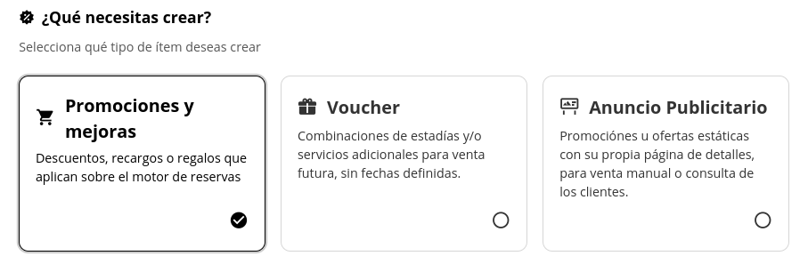 Selección del tipo de creación: Promoción