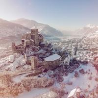 Winter view of Valère castle and the capital, Sion, Valais, Switzerland