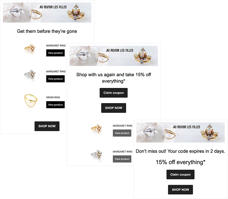 Au Revoir Les Filles Winback Flow automated email campaign, with product recommendations and discount codes.
