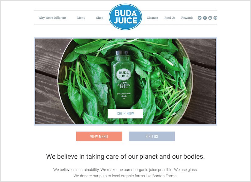 Buda Juice's website landing page with a large banner image of a green smoothie.