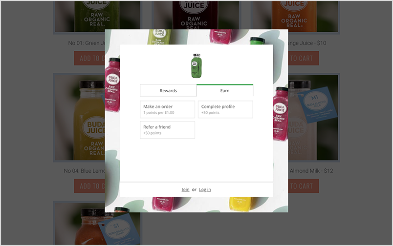Colorful loyalty widget the pops up over Buda Juice's website.