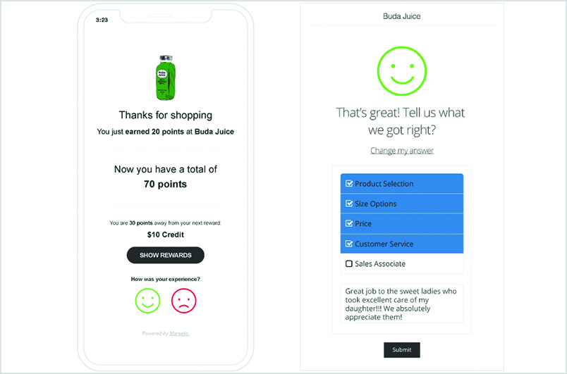 A 'Thanks for Shopping' email from Buda Juice which includes a prompt for customer feedback