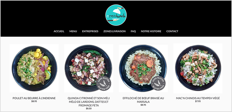 CreaLunch online store's product menu with vibrant images of the meals they offer.