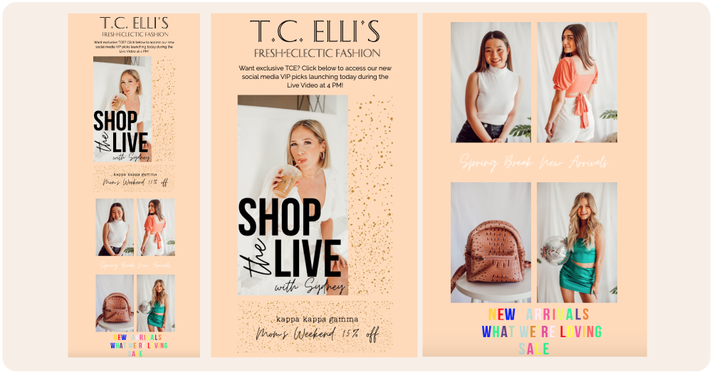 An email campaign by T.C. Elli's that promotes their 'Shop Live' campaign and offers customers 15% off.