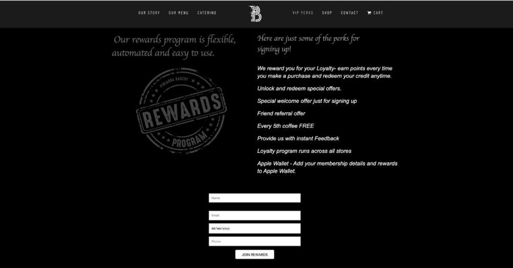 Sign-up form collecting customer details on Pinjarra Bakery's online store.