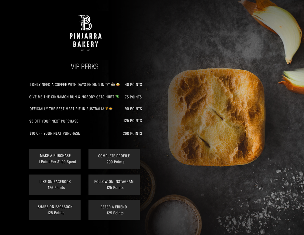 Pinjarra Bakery's loyalty information page on their website including their earn options and loyalty program details.