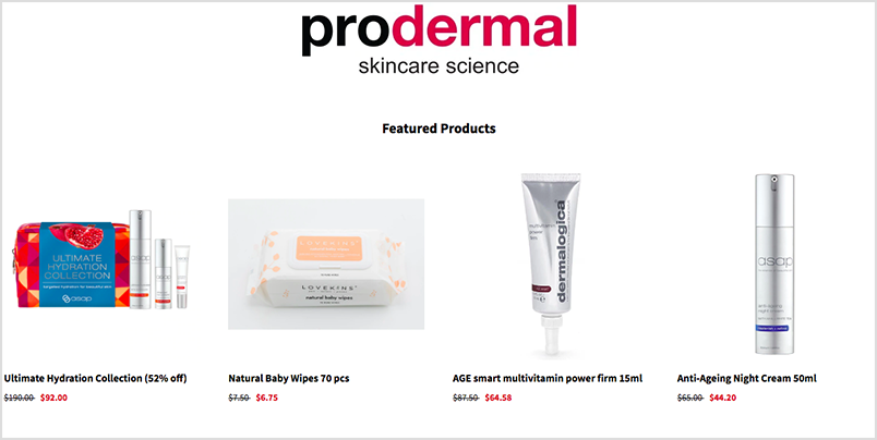 Prodermal's website including a 'featured products' section which showcases 4 suggested products.