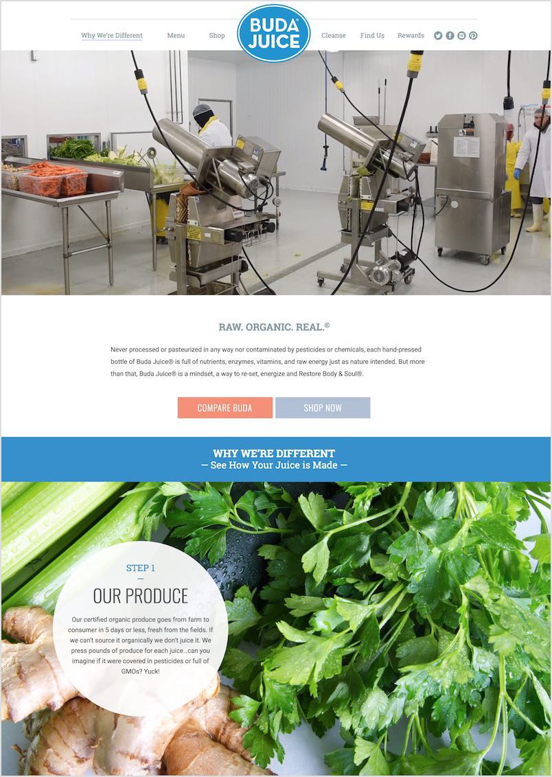 A 'how your juice is made' information page on the Buda Juice website.