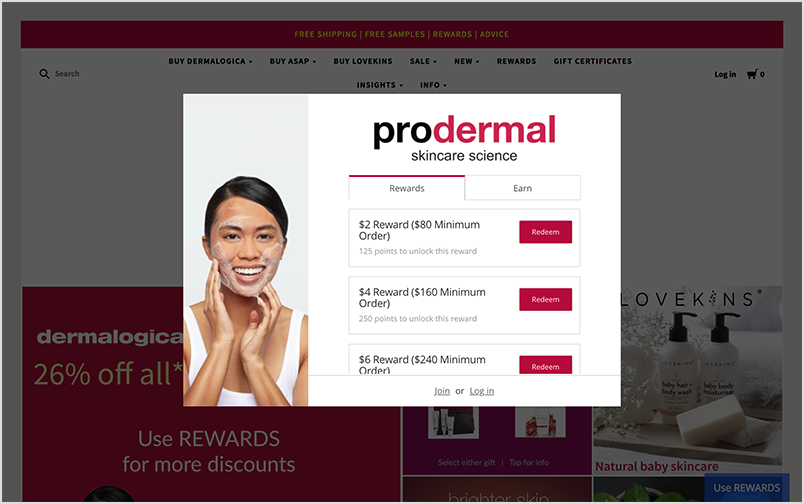 Prodermal's online widget, explaining rewards and earn options.