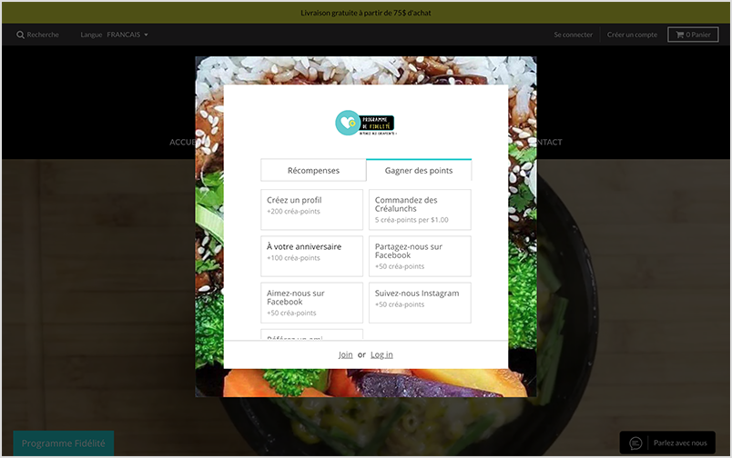 CreaLunch's loyalty widget with earn options like 'Earn points on your birthday'.