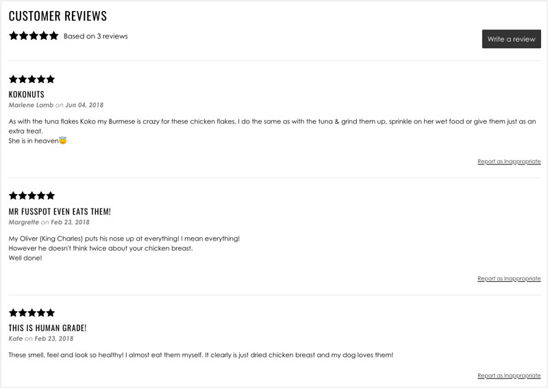 3 5-star customer reviews left on Bobbie Dog's website