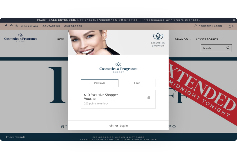 Cosmetics Fragrance Direct’s loyalty widget popped-up over their online store.