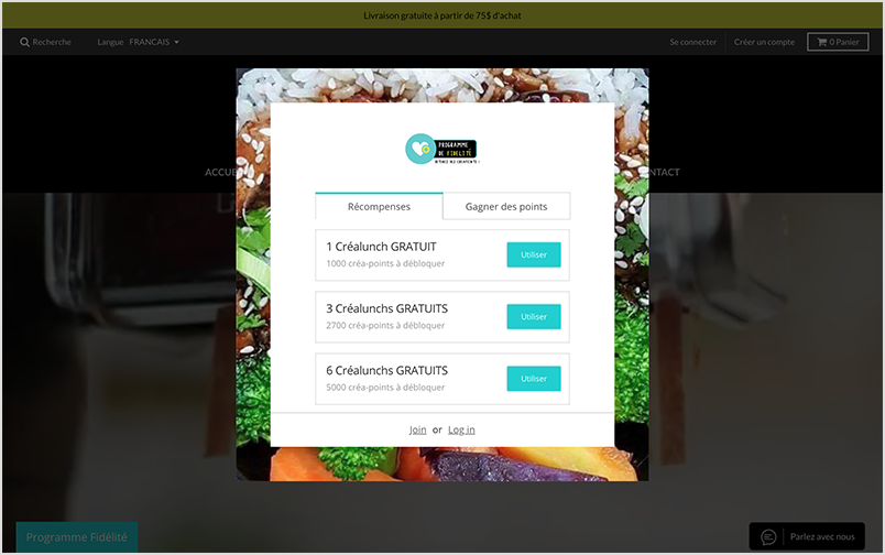 The loyalty widget on CreaLunch's online store include rewards and earning options information.