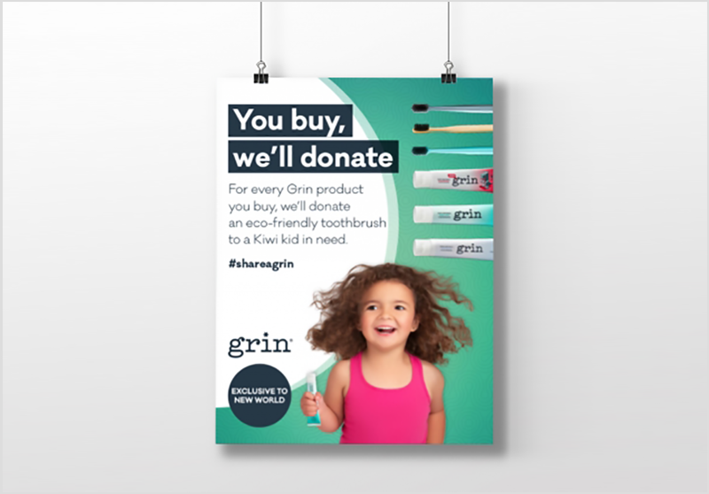 Banner featuring grin's "You buy, we'll donate" poster with details of their buy one, give one campaign.
