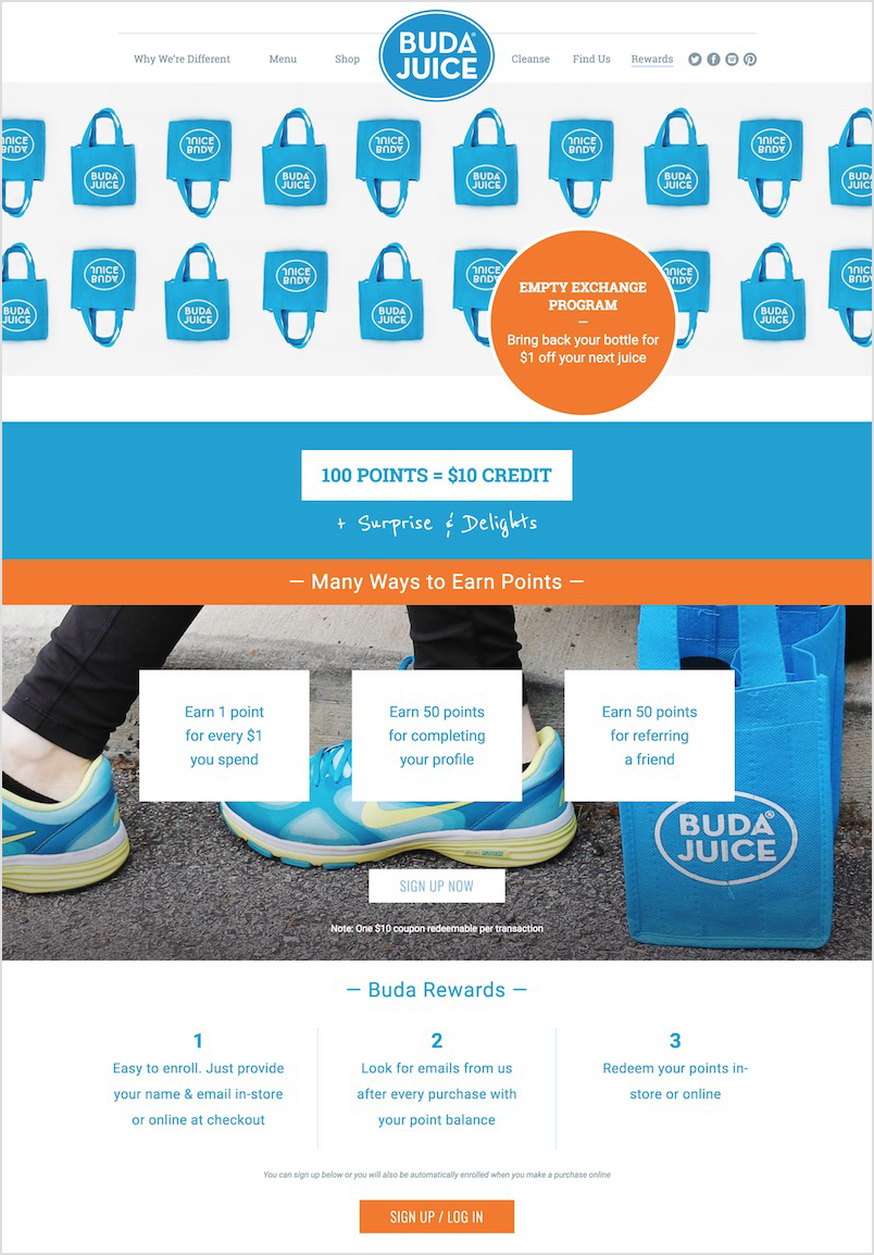 Buda Juice's loyalty page on their website