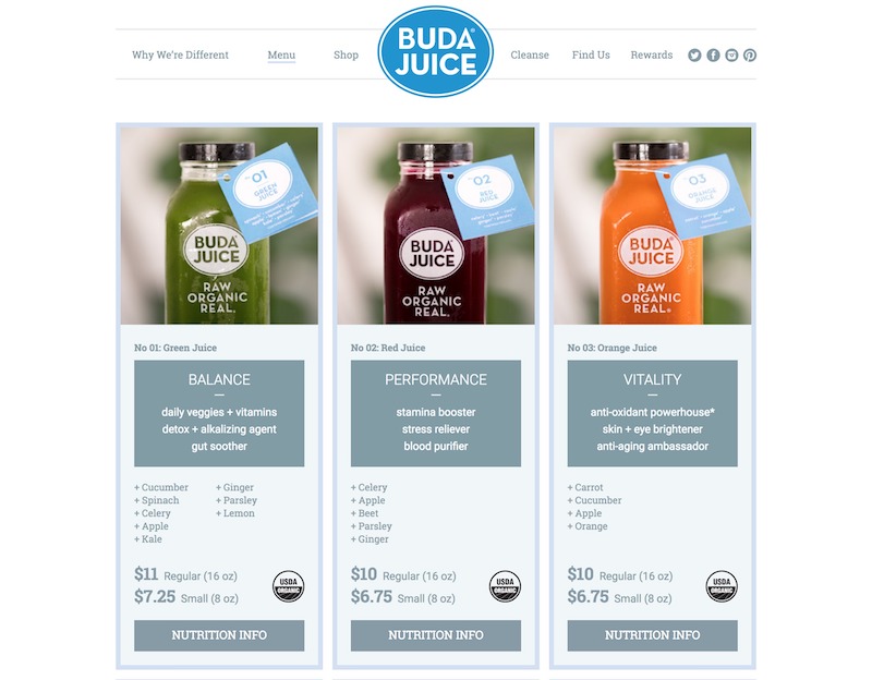 a selection of 3 juice products including their ingredients and nutritional info.