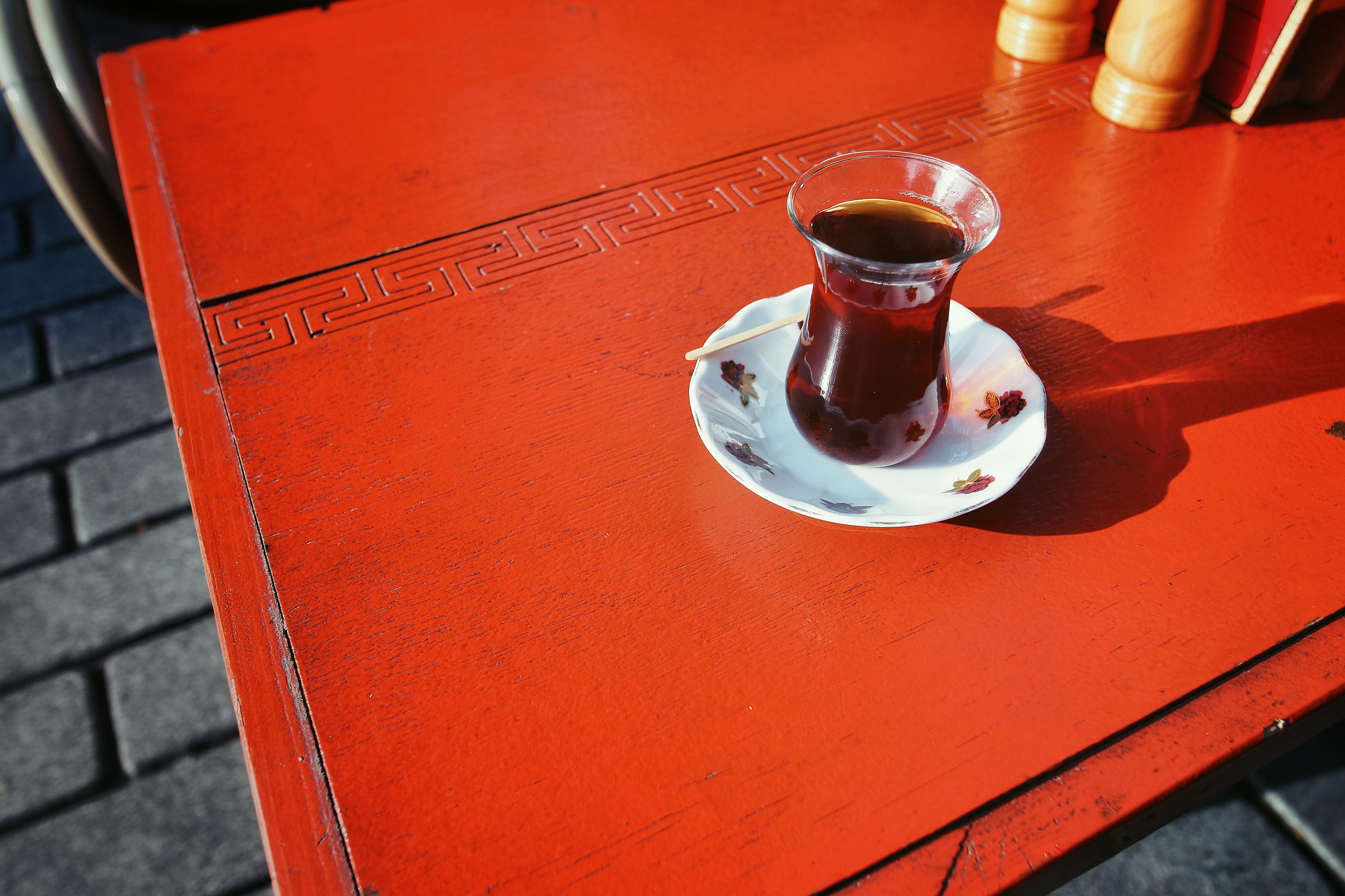 Turkish tea on a red table in Istanbul.