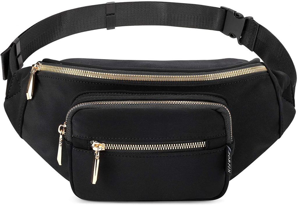 A small, black bumbag with golden zippers