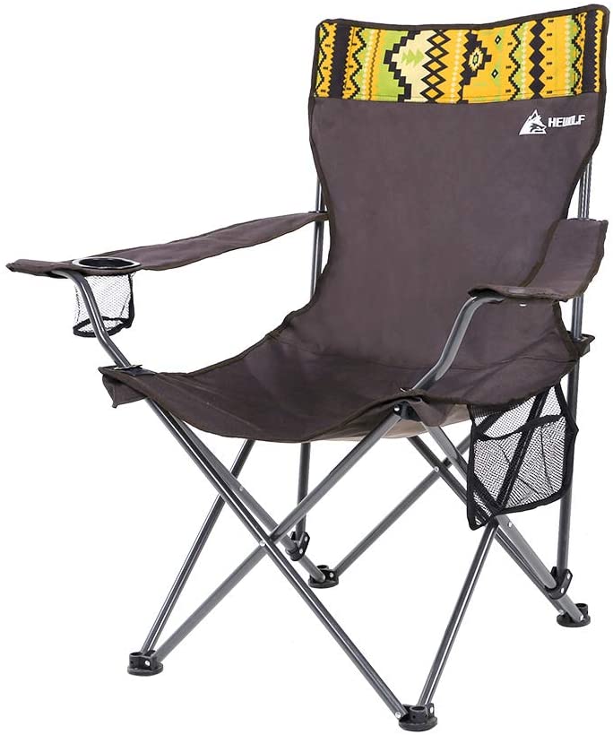 A camping chair with a colourful design at the top 