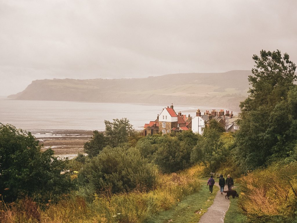 Robin Hood's Bay on a foggy day on the coast of England