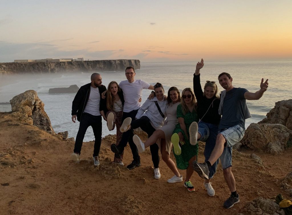 A coworking trip in Portugal with a group of friends infront of the sea.
