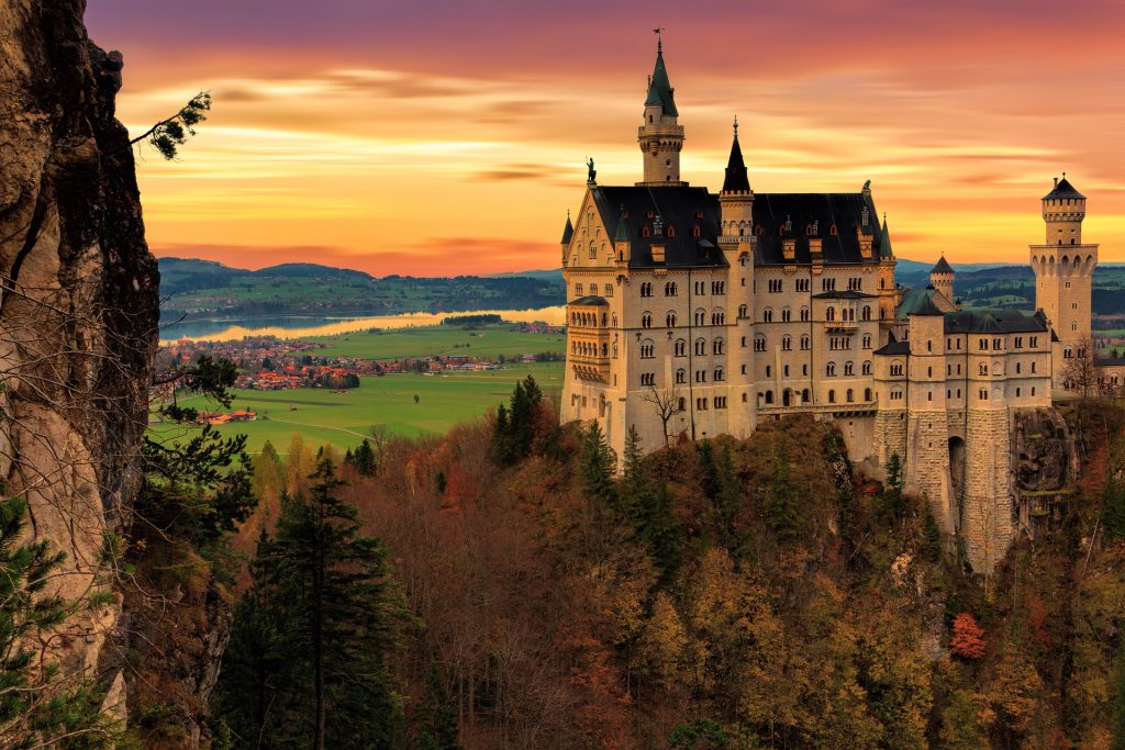 Fairytale castle in Germany at sunset