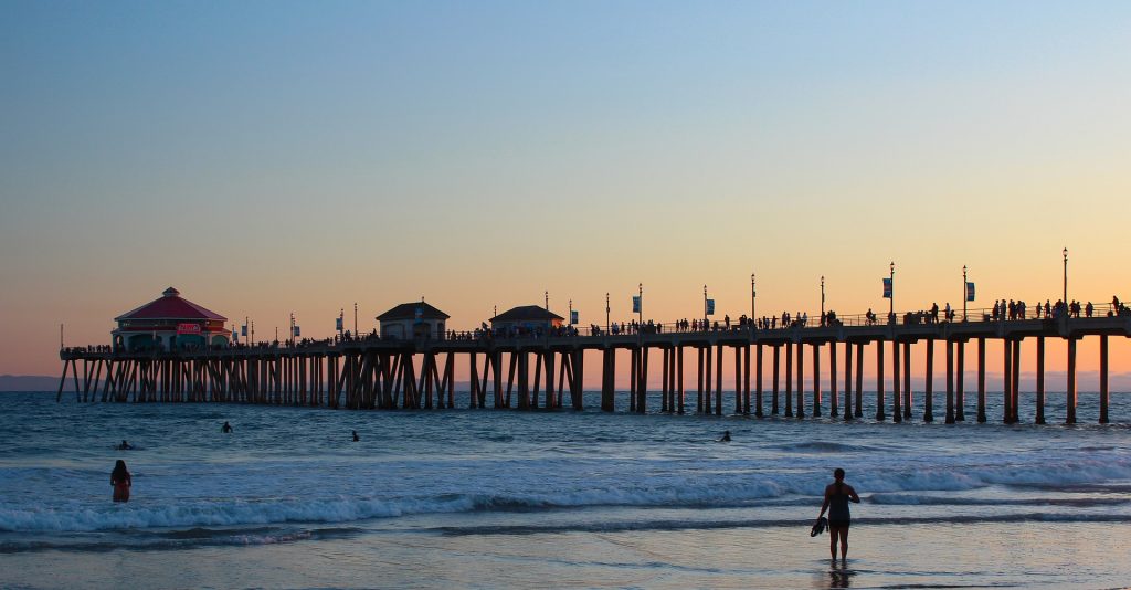 The pier at Huntington Beach in California during sunset