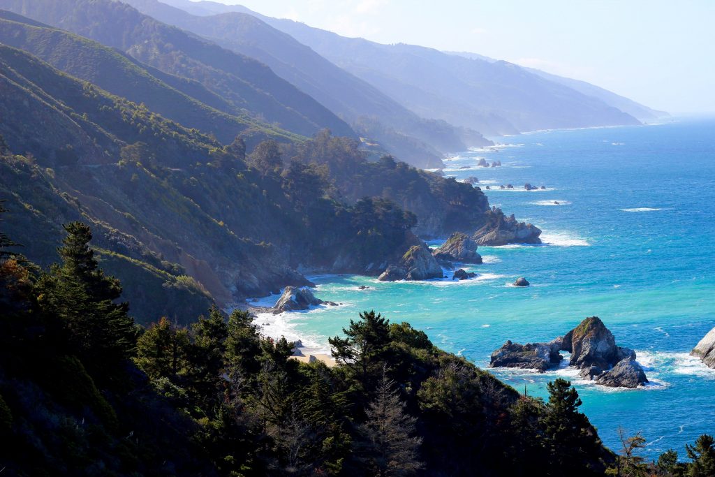 The beautiful Californian coast featuring the blue waters of Big Sur on Highway 1