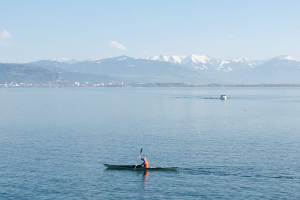The view of the Bodensee with the Alps in the background.