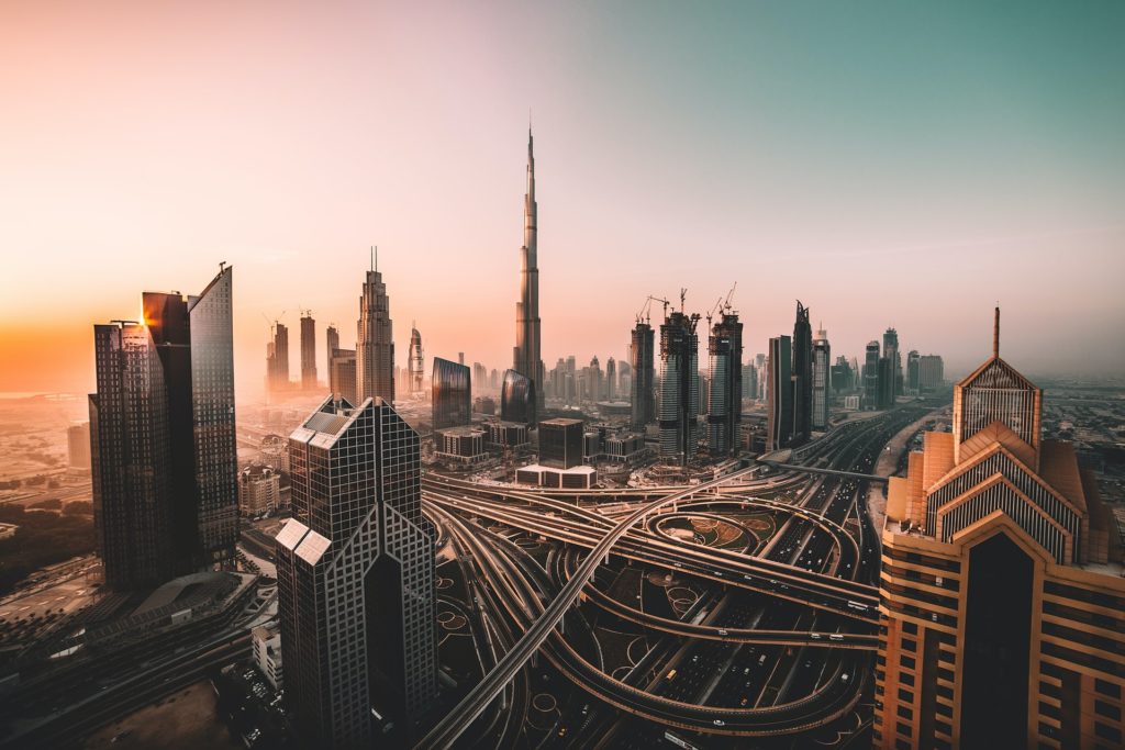 Dubai with high rise buildings and skyscrapers