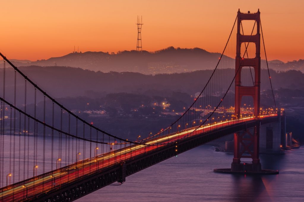Golden Gate Bridge in San Francisco during the sunset.