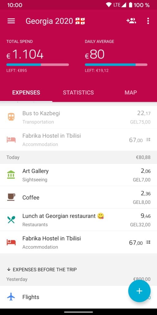 Kostenübersicht des Georgien Trips auf der TravelSpend App, auf der man genau sieht, wie die Kosten einer Gruppenreise verwaltet werden.