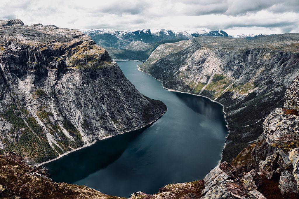 Norwegian fjords surrounded by mountains