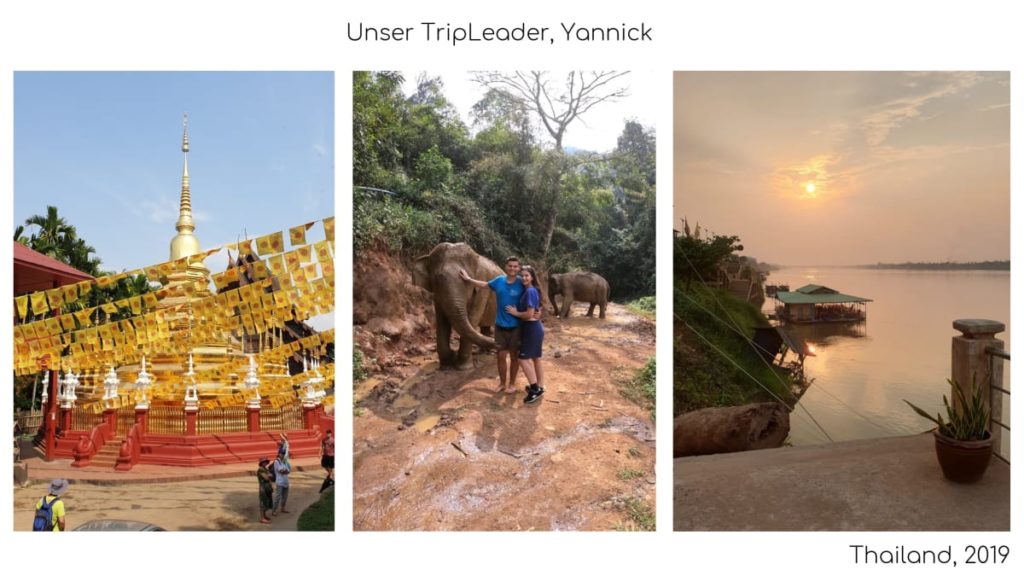 ein Foto von einem Tempel, eins von einem Paar welches vor einem Elefanten steht und eins von einem See in Thailand