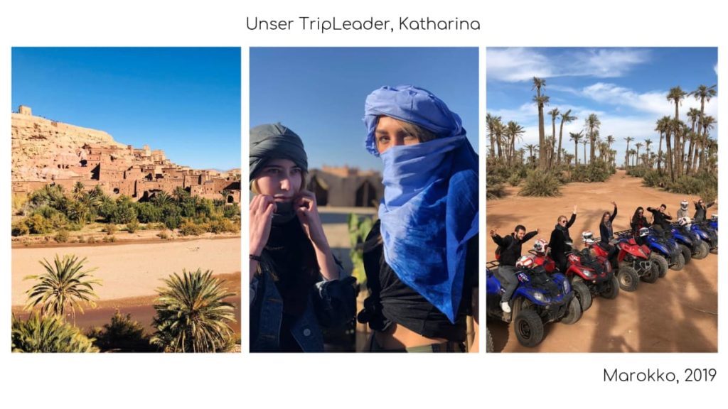 Fotos von einer Wüste in Marokko, zwei Frauen mit Kopfbedeckung und eine Gruppe von Menschen die auf Quadbikes sitzt 