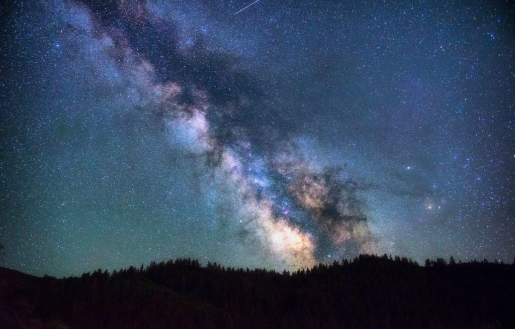 Die Milchstraße sichtbar am dunklen Nachthimmel über einem dichten Wald in der Mecklenburgischen Seenplatte 