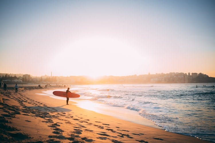 Surfer in Australien am Strand vor einem Sonnenuntergang