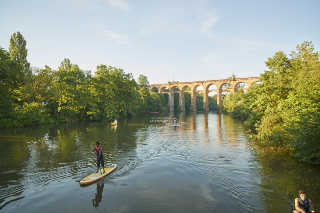 people paddle boarding in the Rhine gorge
