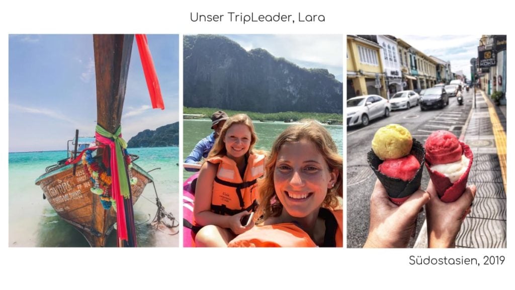 Fotos von einem Boot, zwei Mädchen in einem Kajak und vier Kugeln Eis 