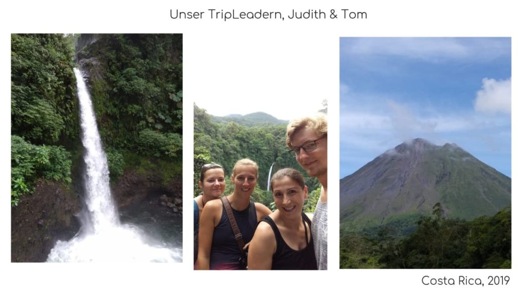 Fotos von einem Wasserfall, eine Gruppe von Menschen und ein Vulkan