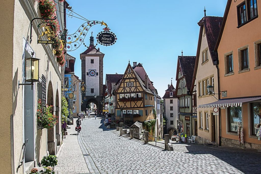 Top German destination Rothenburg ob der Täuber a little cobblestones street surrounded by traditional German houses