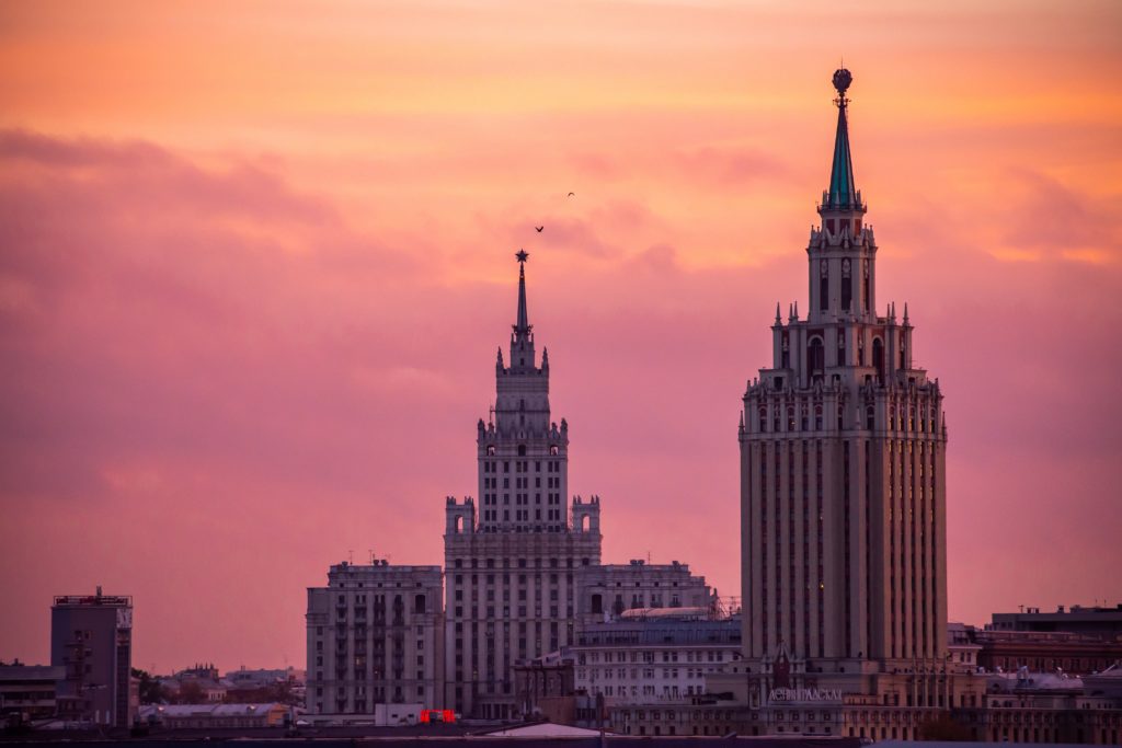 Moscow, the capital of Russia in sunset with two high buildings during easter