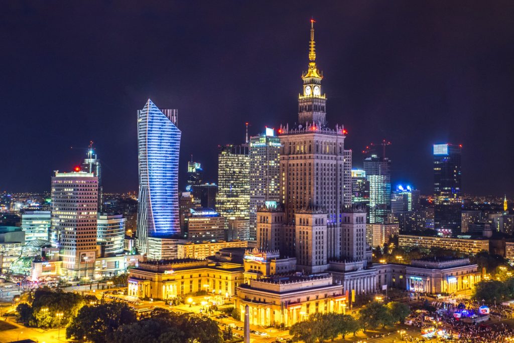 Warsaw at night with its beautiful, colorful lights and huge skysrapers