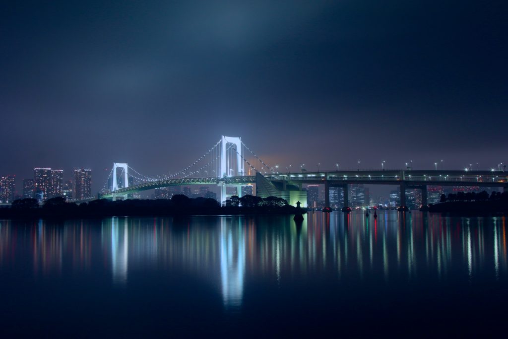 The rainbow bridge in Tokyo during the night.