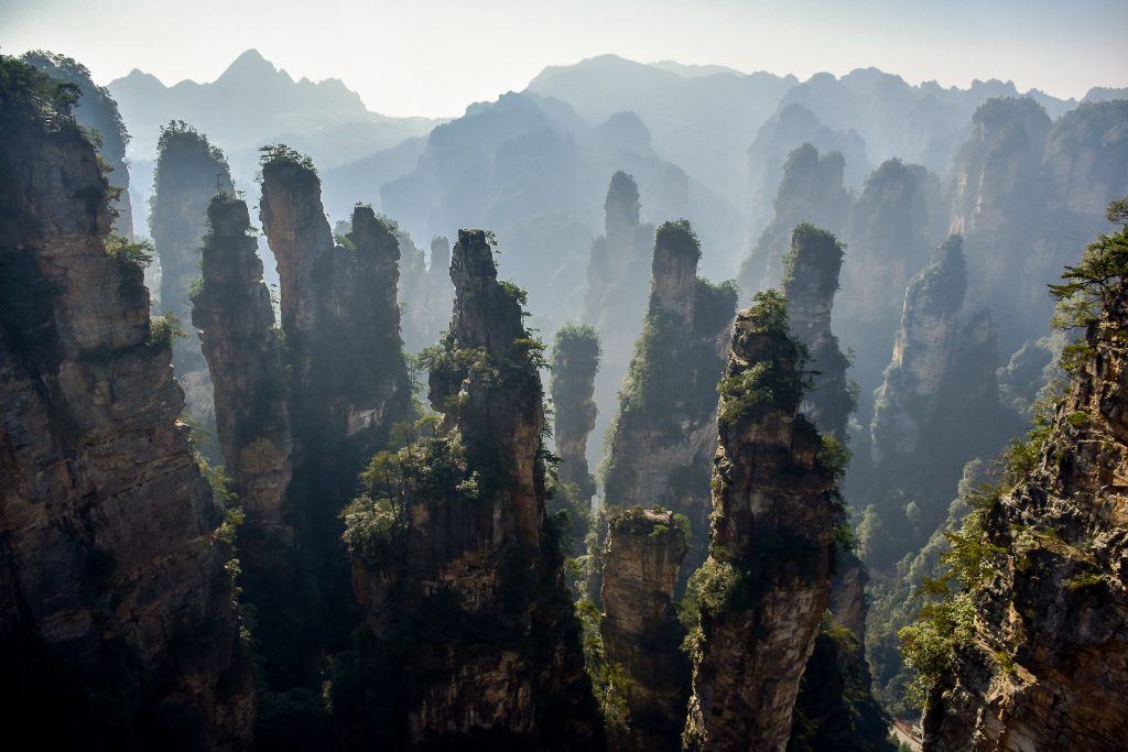 Wulingyuan Scenic Area in China with skyscraper like rocks.