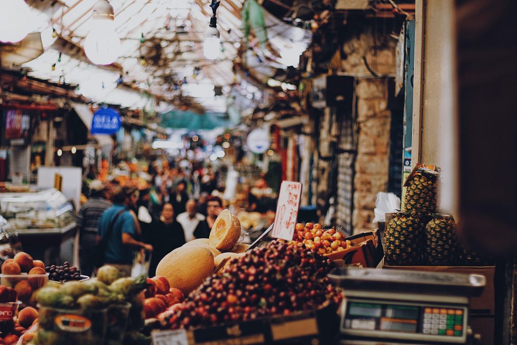 A flea market in Jaffa with colourful stalls 