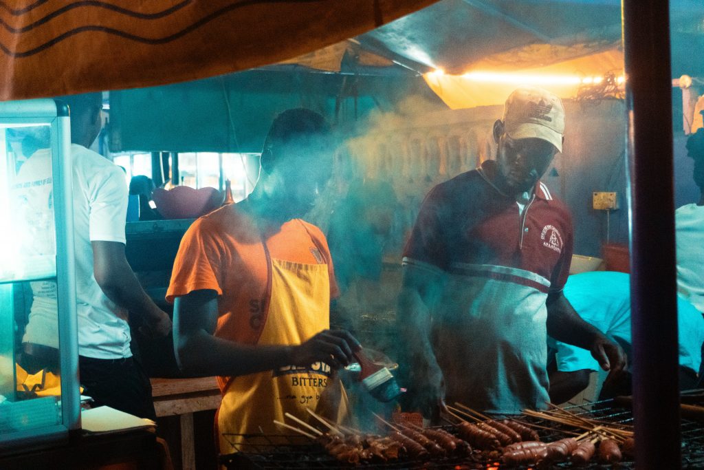 When in Ghana an insider tip is to visit the Osu night market in Accra with two mans grilling meat. 