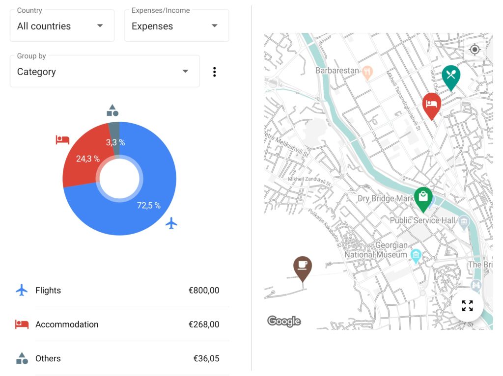 Statistiken auf TravelSpend von Reisekosten eines Trips in einem Tortendiagramm und eine Karte. 