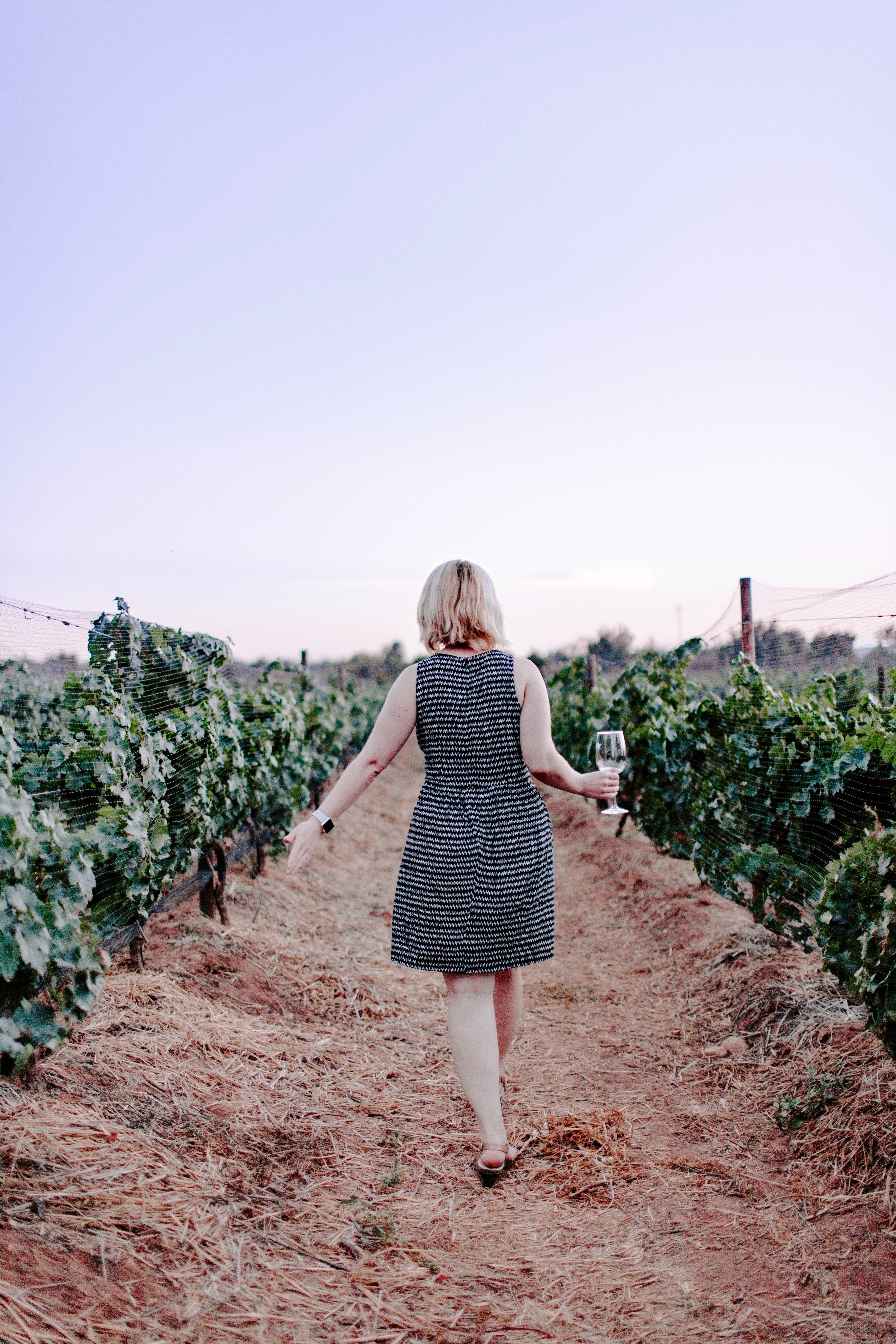 A woman wearing a dress walking through wine fields, wine glass in hand.