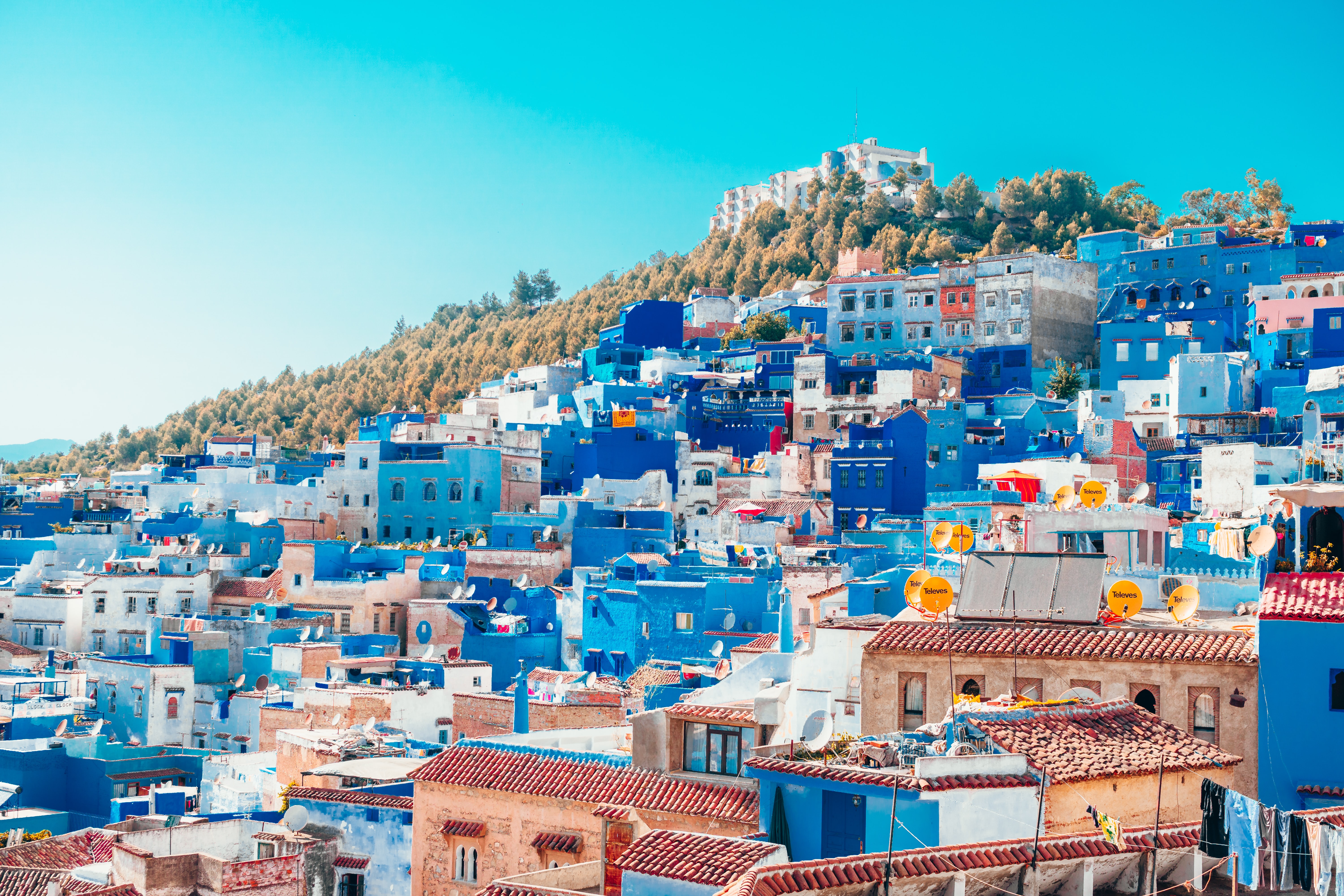 Blue houses on a hill in the most beautiful city of Chefchaouen in Morocco